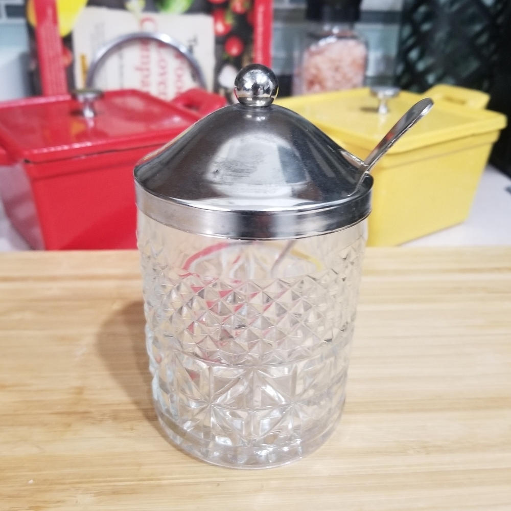 Sheffield England‎ Silver Plated Glass Jelly Condiment Jar with Lid Spoon